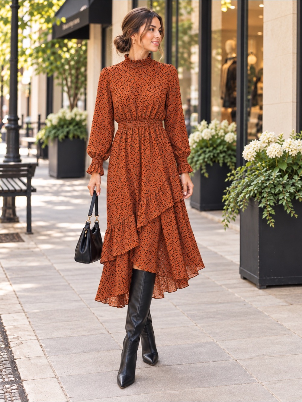Shein Rust Brown Abstract Print High Low Ruffle Dress Size M